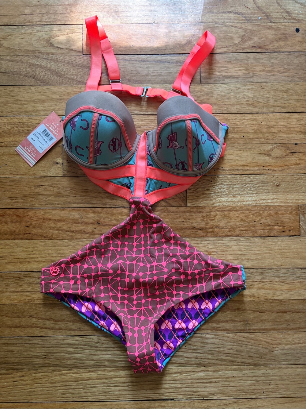 Maaji Coral and Teal One-Piece Swimsuit with Patterned Panels